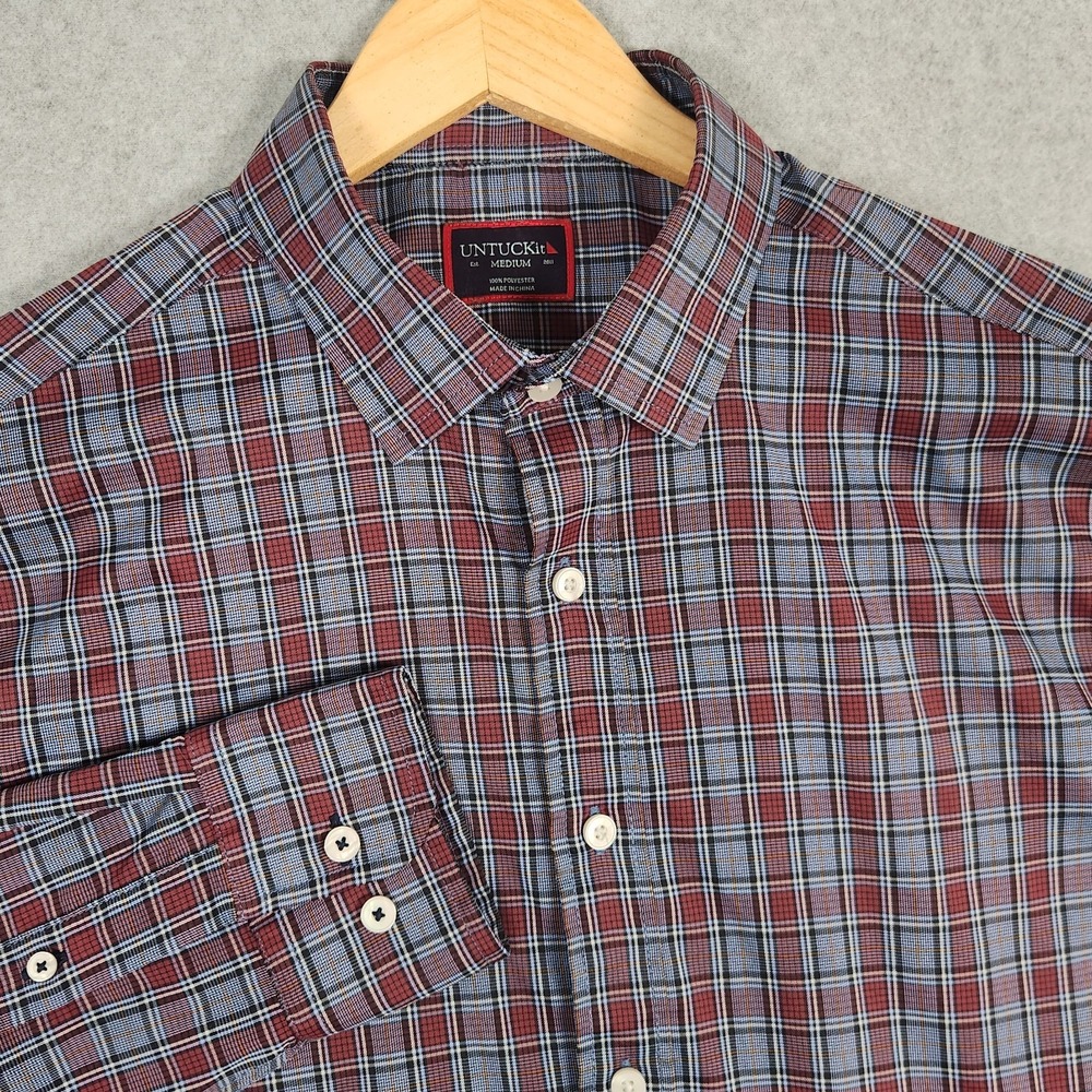 Untuckit Shirt Mens Medium Red Blue Plaid Macallan Button Casual Stretch 41178